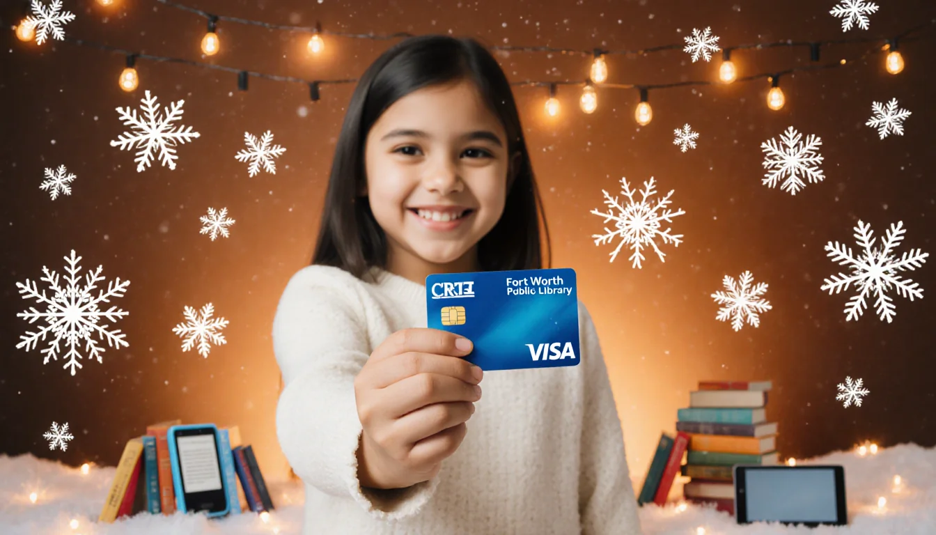 Young student smiles holding library card with festive winter wonderland backdrop and digital devices for library access