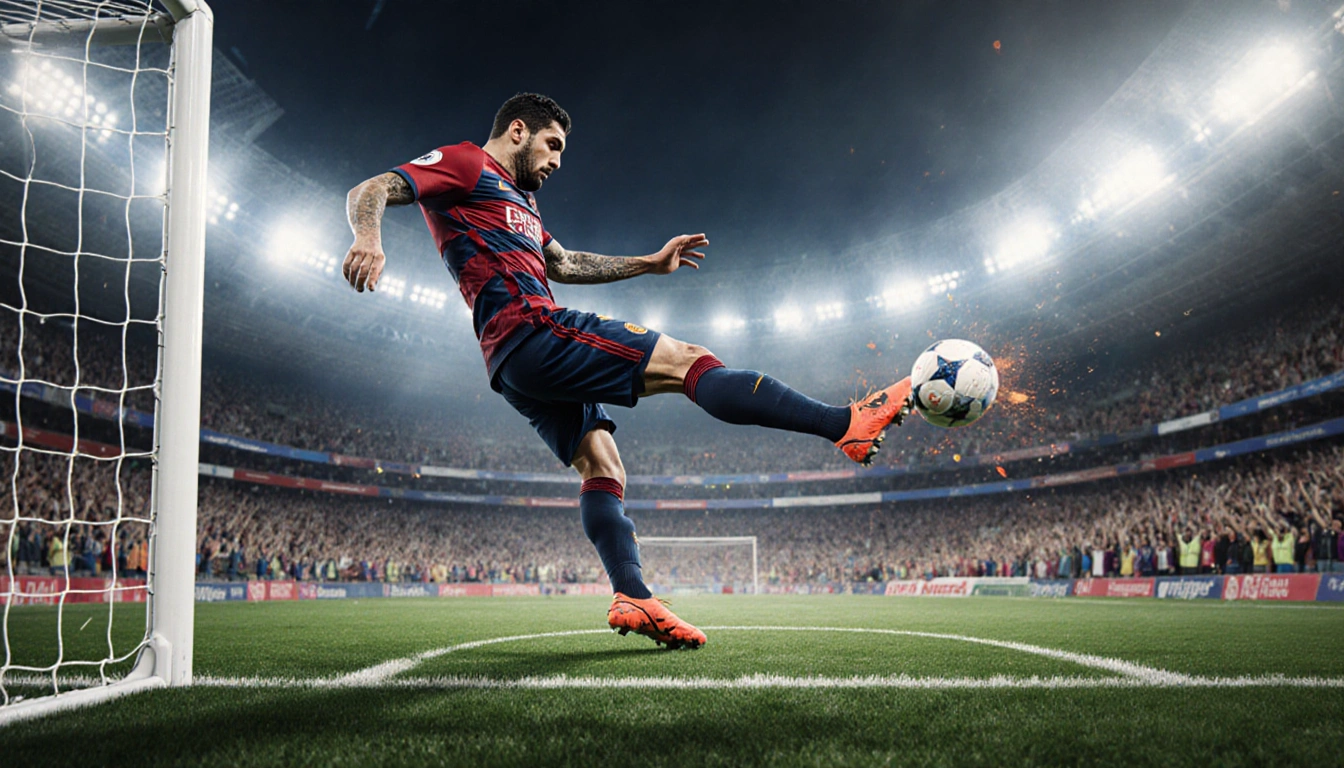 Luis Suárez striking a powerful shot in mid-air with stadium lights and cheering crowd and highlighting goal-scoring streak