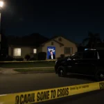 Police car parked under flickering streetlight with yellow crime scene tape nearby