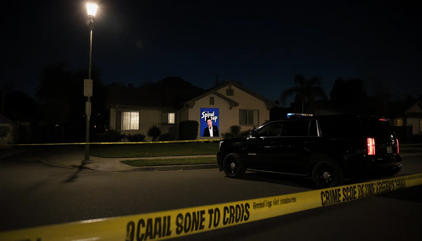 Police car parked under flickering streetlight with yellow crime scene tape nearby