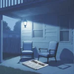 Armchairs facing each other with fallen newspaper showing Double Homicide and faint streetlight glow on wall.