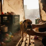 Volunteer feeding a dog with tin can scraps in a warm-lit shelter tent and a hungry cat peeks from crates.