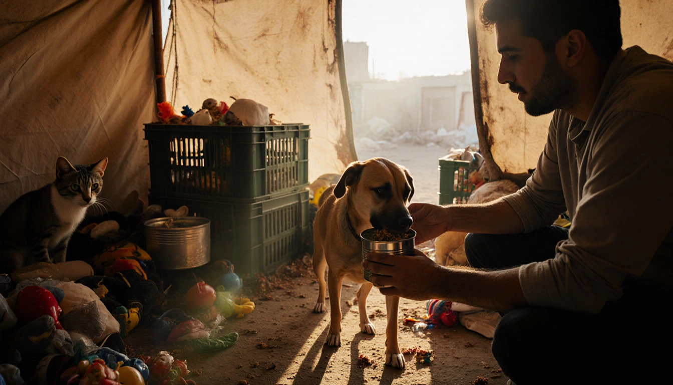 Volunteer feeding a dog with tin can scraps in a warm-lit shelter tent and a hungry cat peeks from crates.