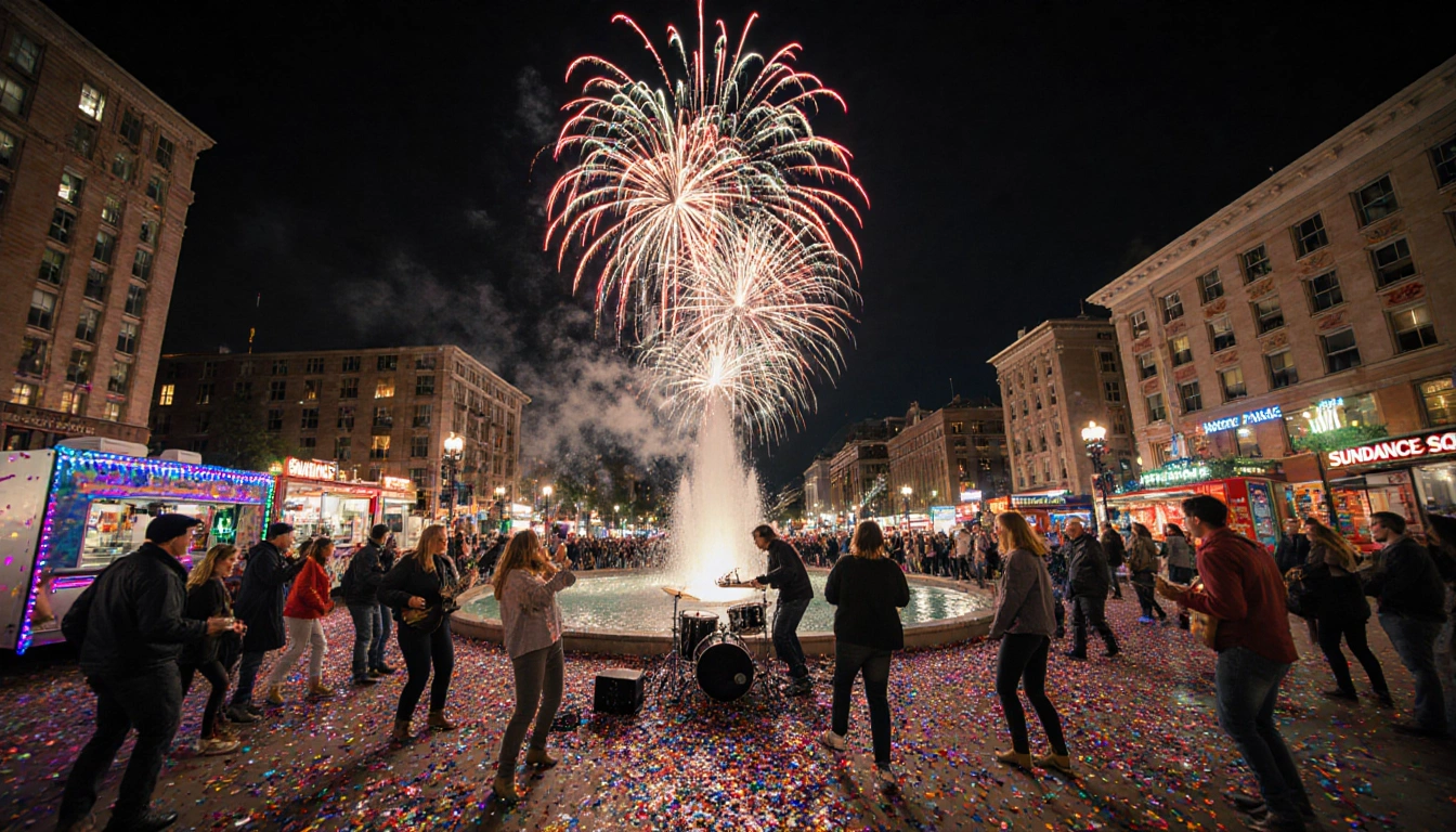 Live band setting up instruments with fireworks exploding above and confetti on street