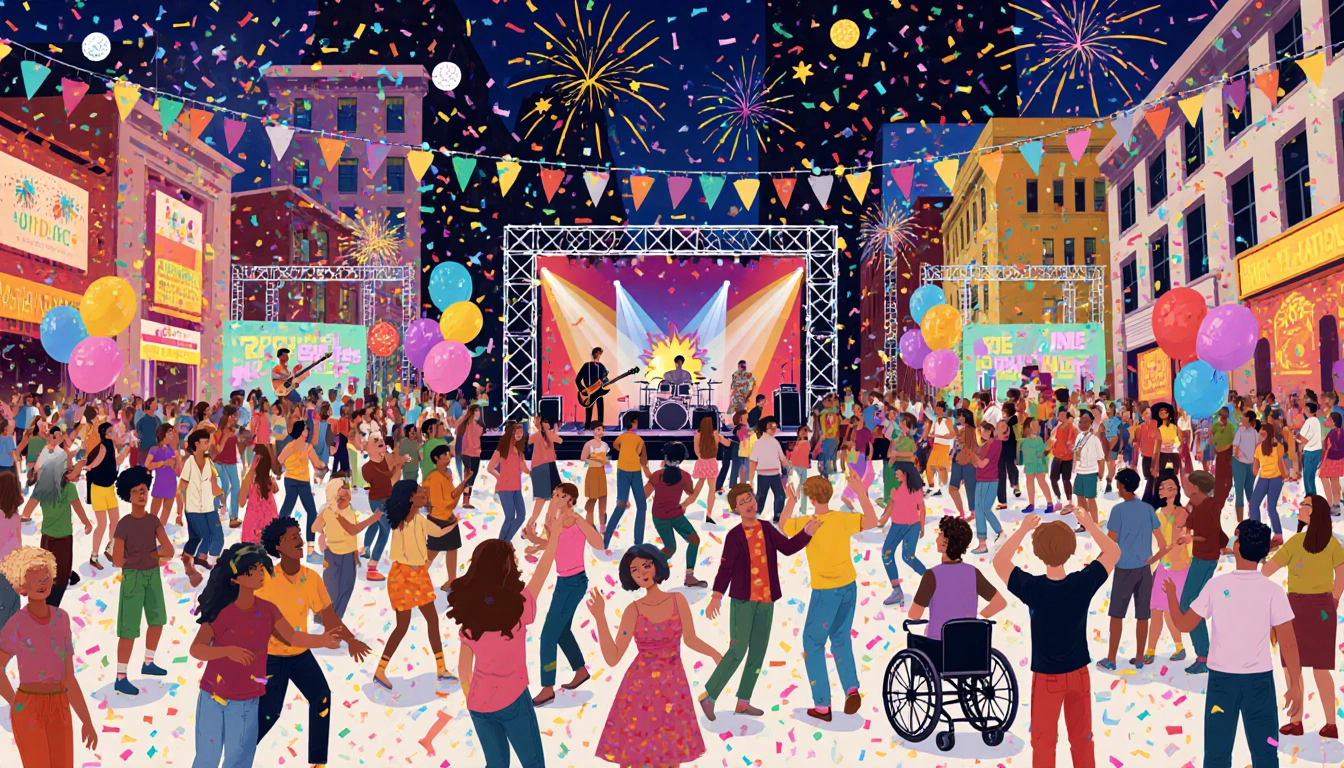 Crowd dancing together at New Year's Eve in Sundance Square with colorful lights, confetti, and balloons.