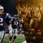 Tom Brady Patriots leading team onto field with split-screen showing Baltimore fans cheering Lamar Jackson of Ravens golden.