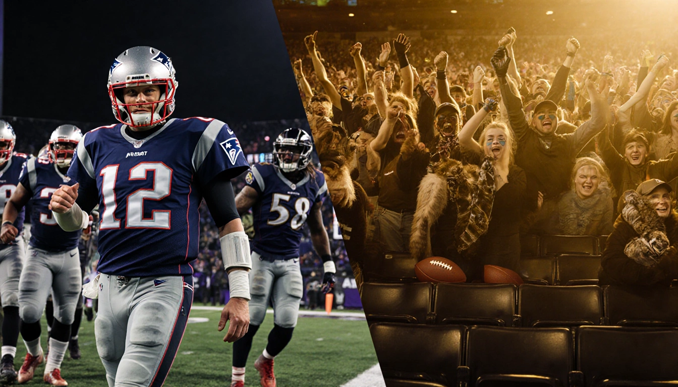 Tom Brady Patriots leading team onto field with split-screen showing Baltimore fans cheering Lamar Jackson of Ravens golden.