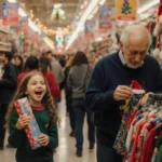 Young girl holds wrapped toy with crowded retail aisle and holiday lights behind.