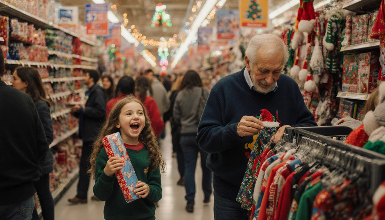 Young girl holds wrapped toy with crowded retail aisle and holiday lights behind.