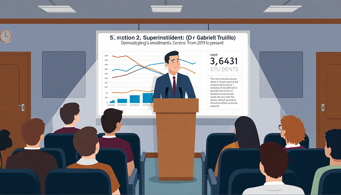 Superintendent Dr. Gabriel Trujillo stands at podium in auditorium with whiteboard showing enrollment decline graph