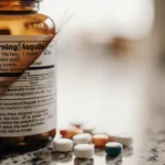 Supplement bottle highlights a partially obscured warning label with soft warm light on a cluttered countertop.