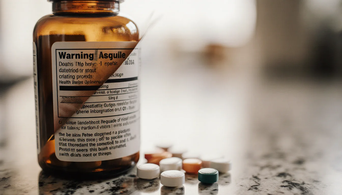 Supplement bottle highlights a partially obscured warning label with soft warm light on a cluttered countertop.