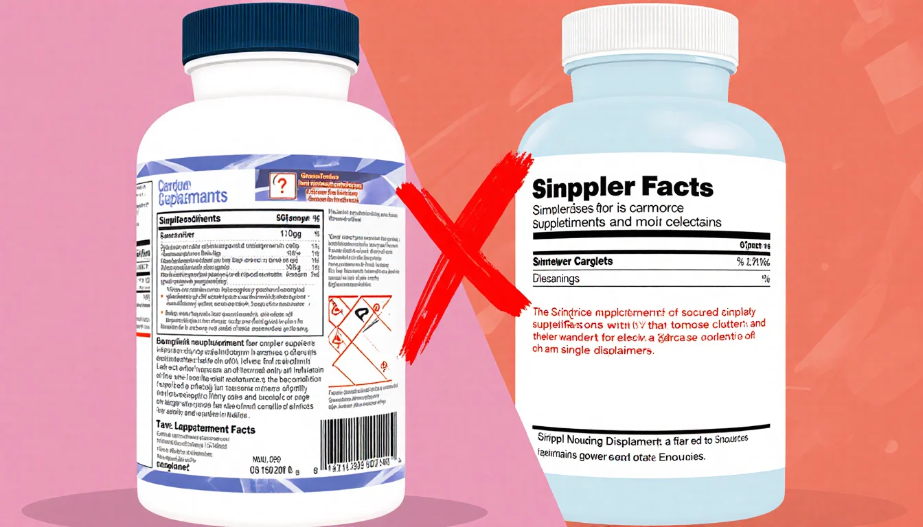 Split-screen shows supplement label with red warning symbol on left and simple label with single disclaimer on right