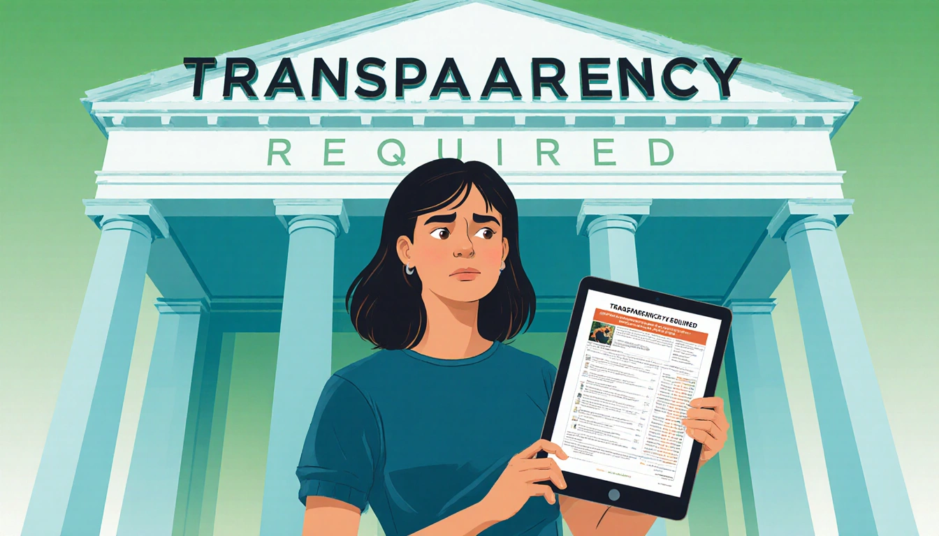 Susannah Randolph standing in front of city hall holding tablet with bear hunt data and transparency sign