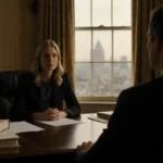 Susie sits across from Chris at a desk with books and a window showing city lights during discussion.