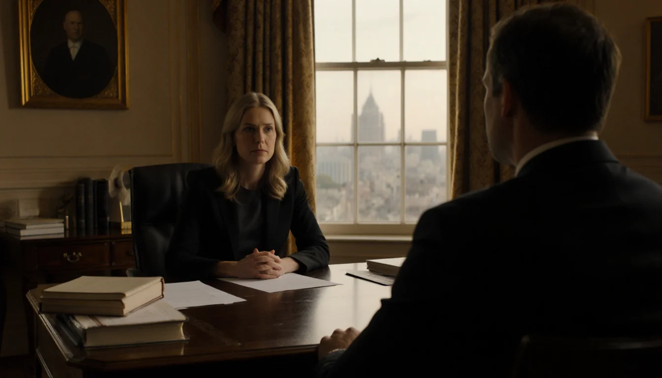 Susie sits across from Chris at a desk with books and a window showing city lights during discussion.