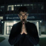 Suspect standing with hands clasped under police lights on Barus and Holley building at night