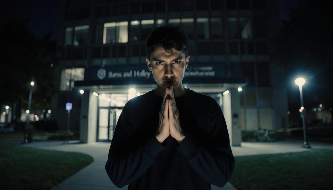 Suspect standing with hands clasped under police lights on Barus and Holley building at night