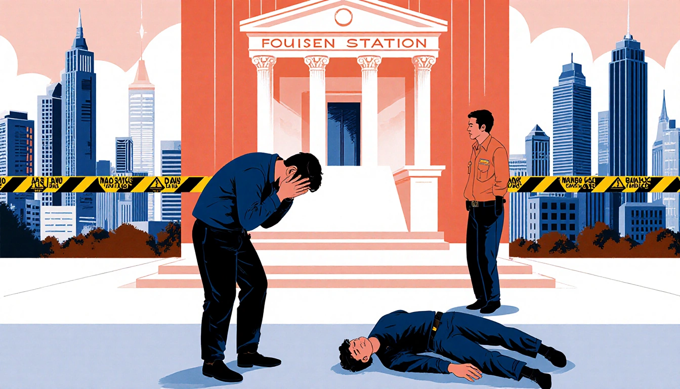 Naveed Akram holds his head in distress with police tape around Sajid's body near a court backdrop