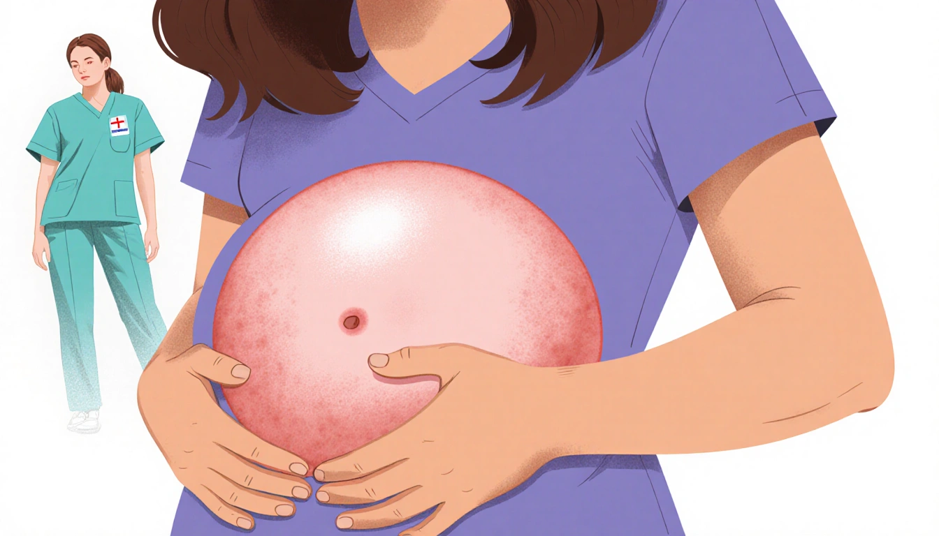 Suze's hand cradles bloated abdomen with visible ovarian cyst and faint nurse scrubs in background.