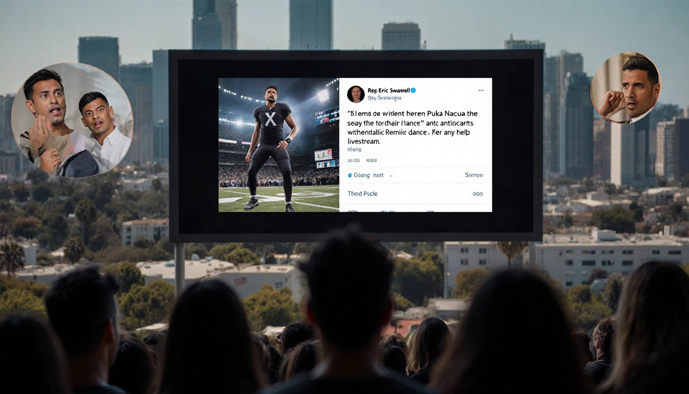 Large screen displays Rep. Swalwell comment with anxious crowd and split-screen of X post and antisemitic dance.