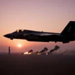 F-22 silhouette returning to base with dawn glow over Syrian desert and distant missile silo smoking.