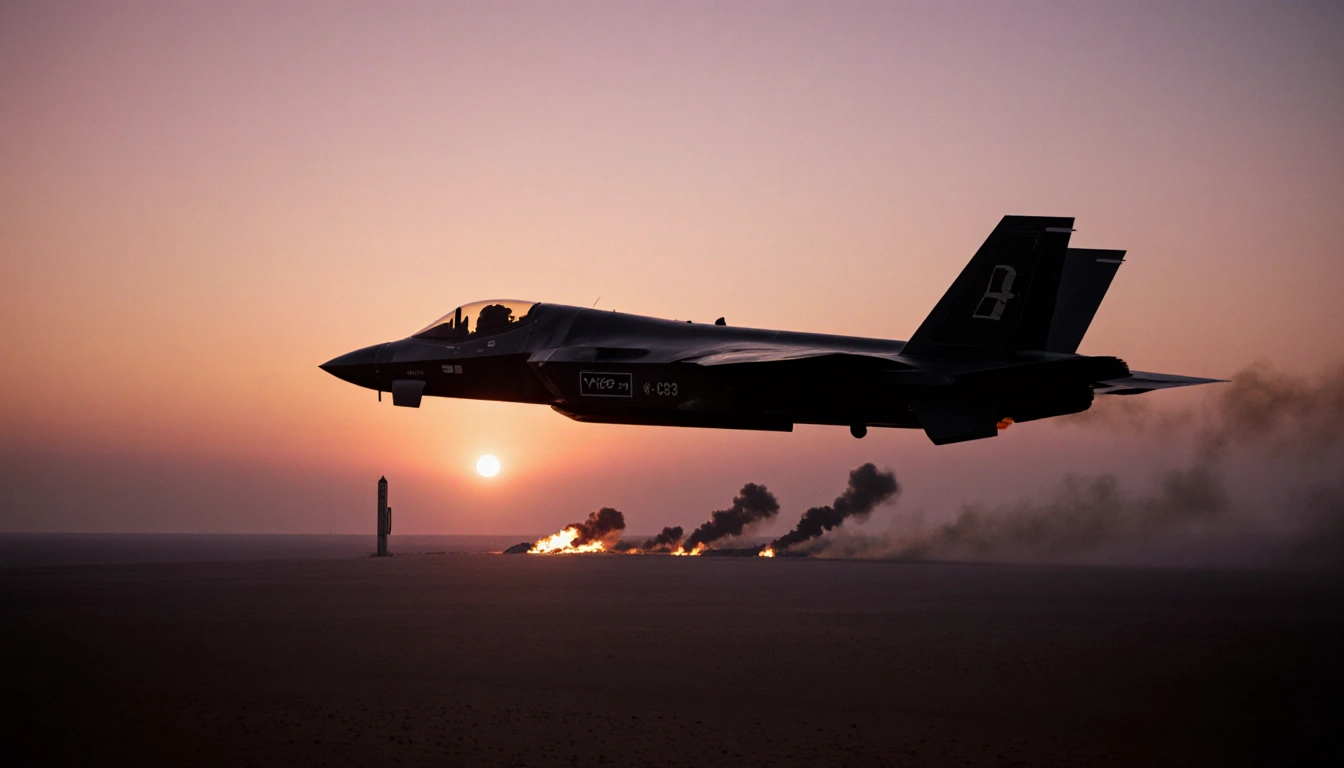 F-22 silhouette returning to base with dawn glow over Syrian desert and distant missile silo smoking.