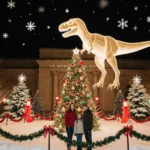 Family posing beneath a decorated Christmas tree with a glowing T‑Rex guard in a winter wonderland.