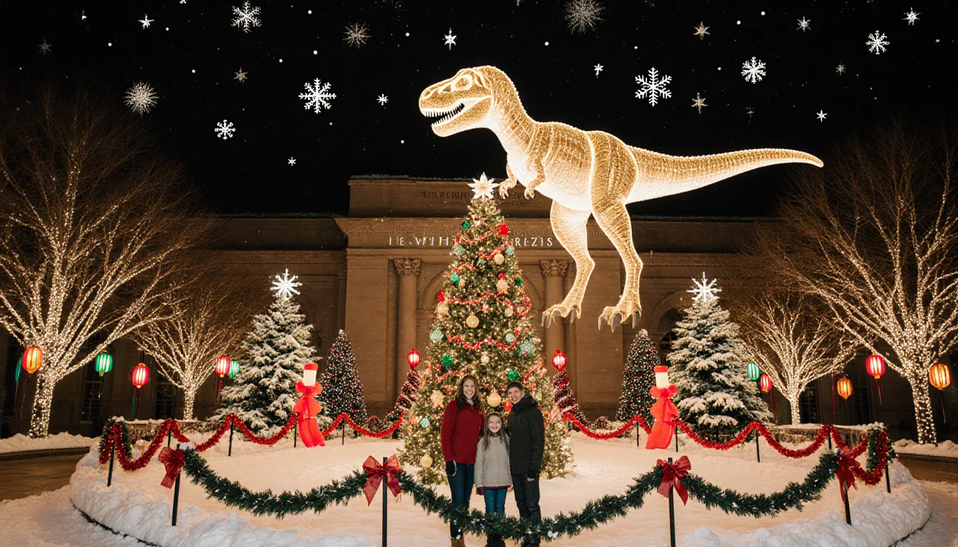 Family posing beneath a decorated Christmas tree with a glowing T‑Rex guard in a winter wonderland.