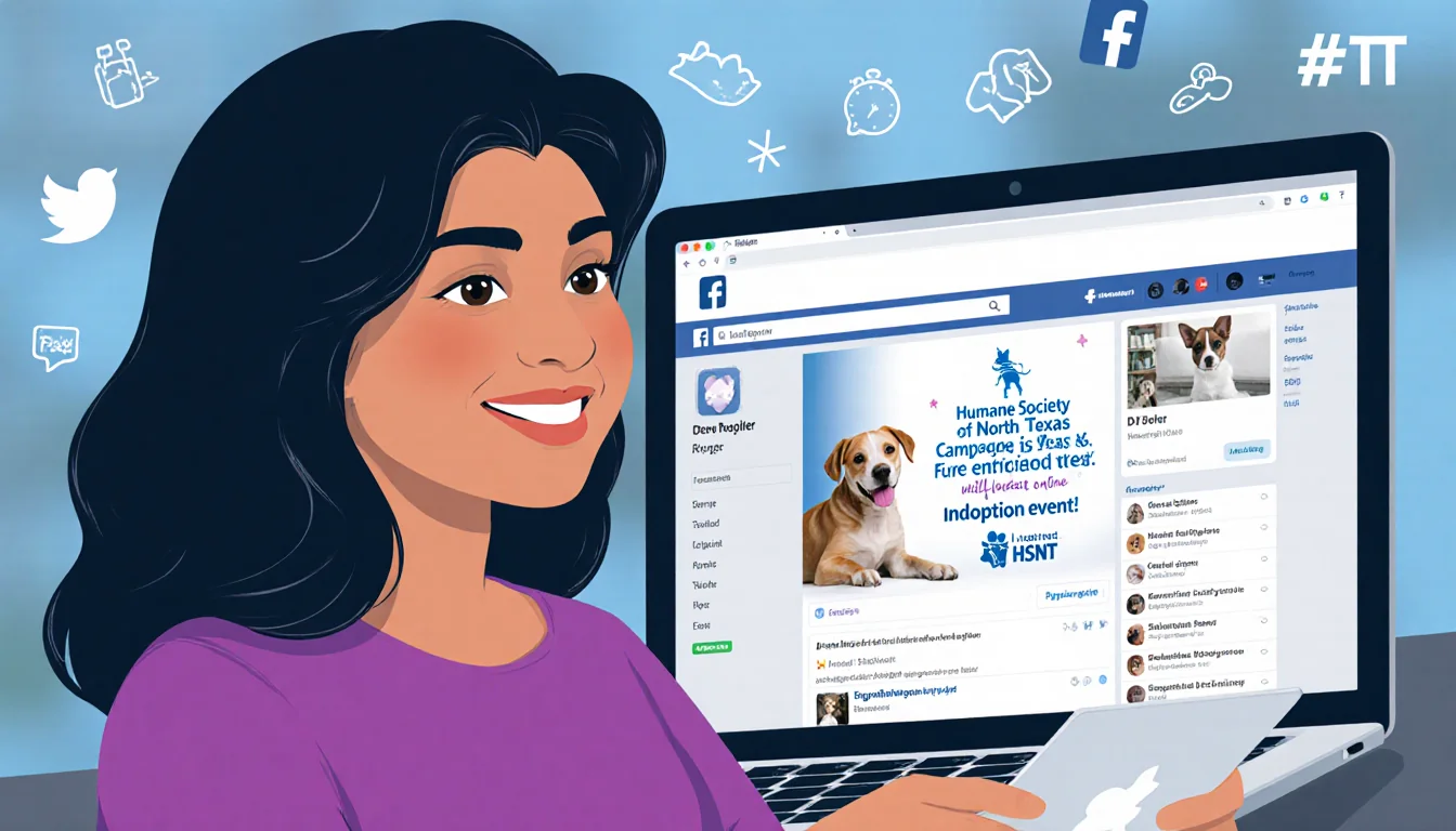 Tahera Rahman stands by a laptop screen with a social media feed promoting the Humane Society of North Texas adoption event a