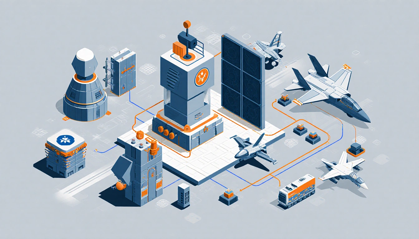 Radar system scans horizon with missile defense shield and fighter jets in dynamic 3D composition