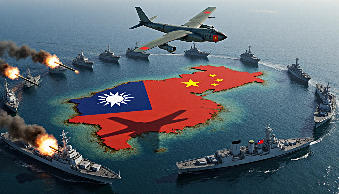 Rocket launchers fire over Taiwan island with surrounding Chinese warships and flames and smoke and a bomber overhead.