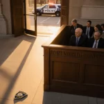 Jurors deliberating in the jury box with sunset light and a police car outside.