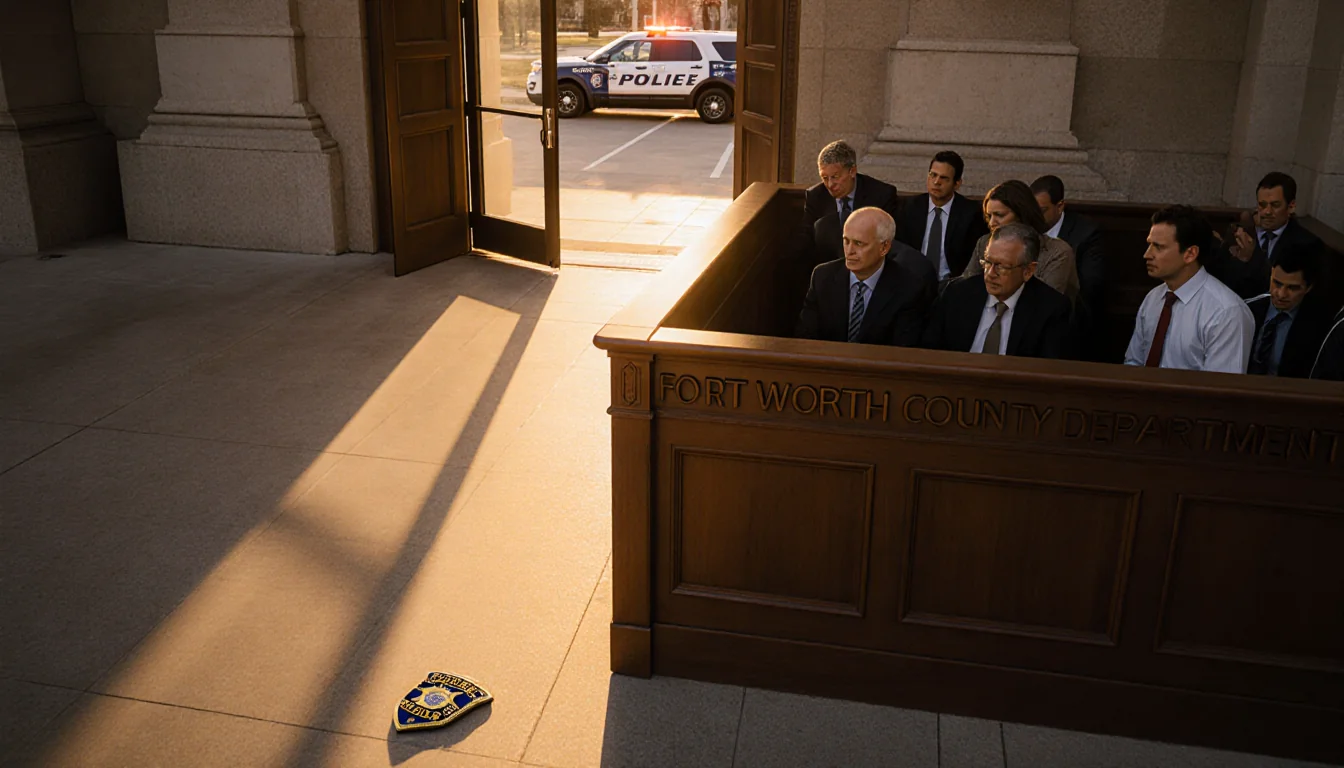 Jurors deliberating in the jury box with sunset light and a police car outside.