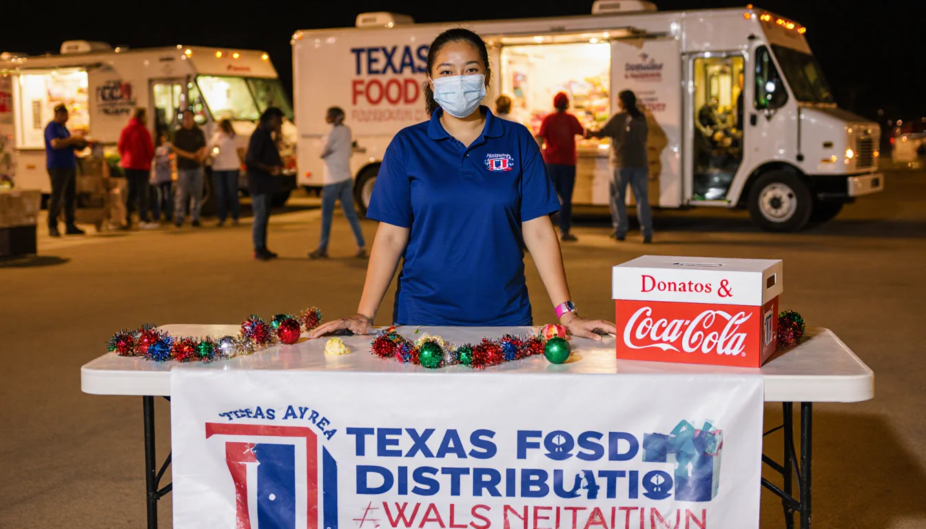 Tarrant Food Bank volunteer stands behind table with holiday banner and donation box while diverse volunteers distribute food