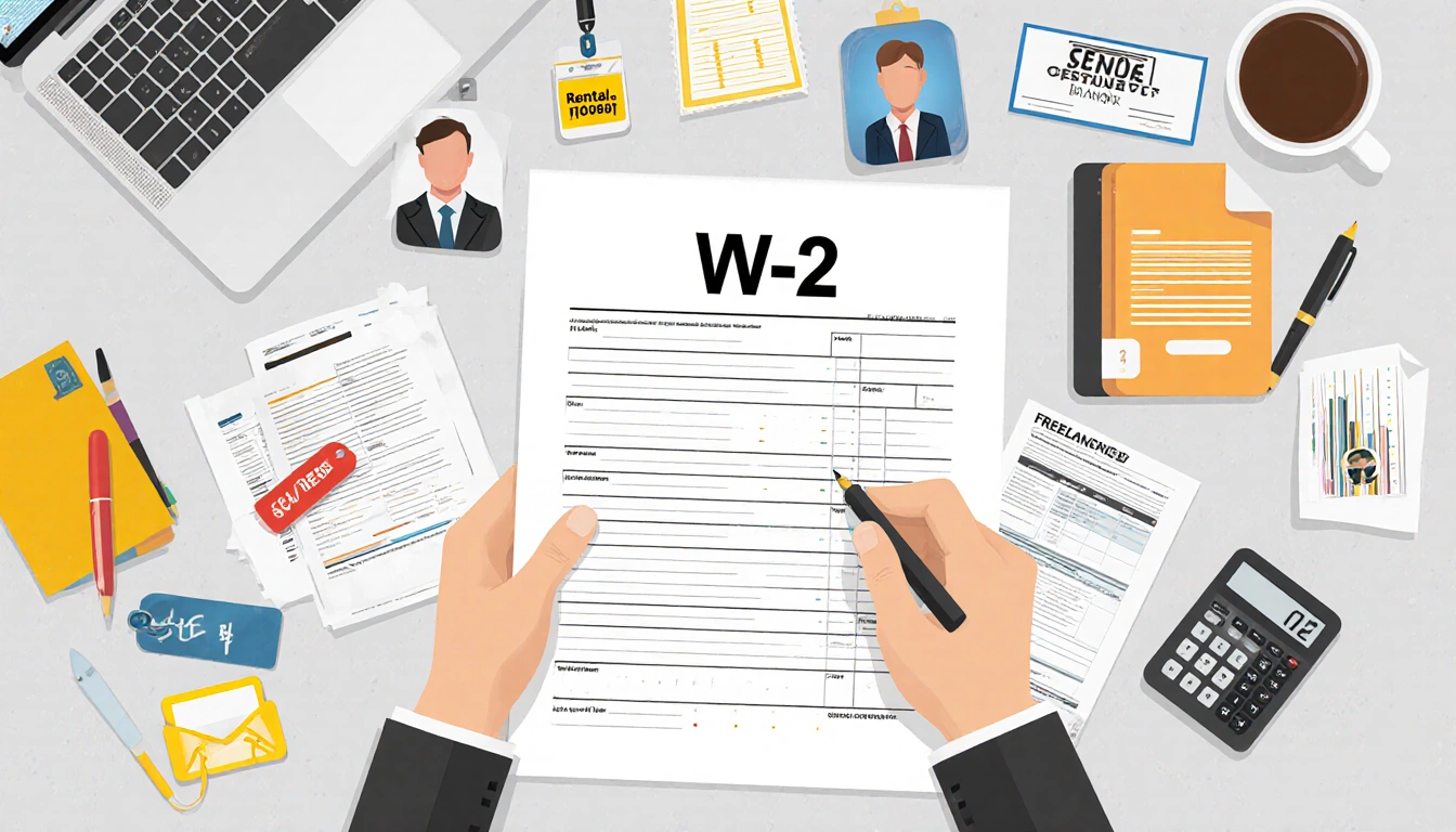 Person reviewing tax forms at desk with W-2 calculator laptop and freelancer investor rental badges in view