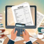 Person holding a calculator while looking frustrated with tax return form on screen and coffee beside a $25 fee sticker.