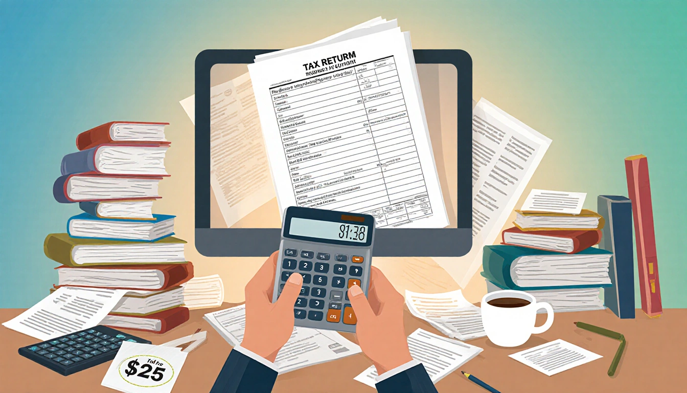 Person holding a calculator while looking frustrated with tax return form on screen and coffee beside a $25 fee sticker.