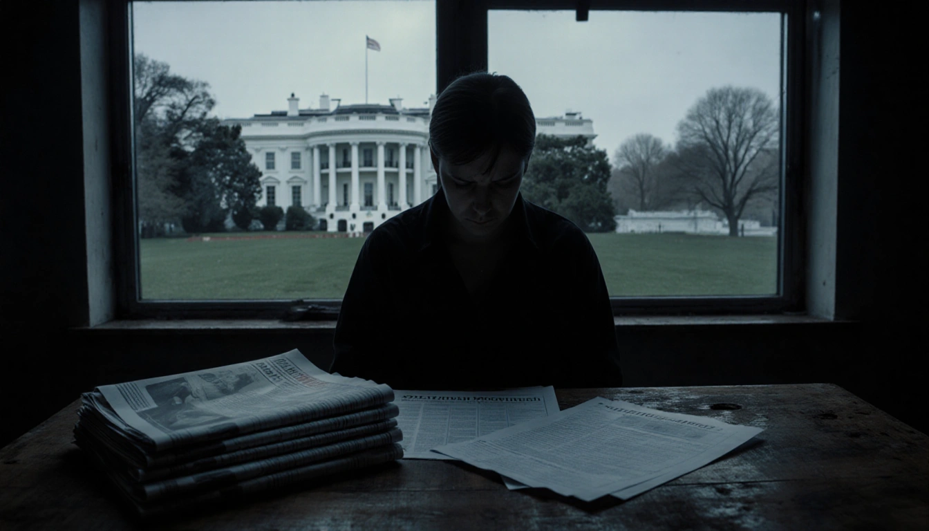 Person standing looking down at partially filled tax return with stack of financial newspapers and faint White House in backg