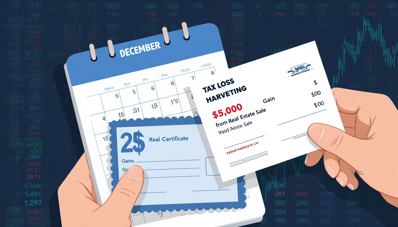 Person holding a check with a stock certificate and slips showing a $50,000 gain and a $50,000 loss beside ticker grid
