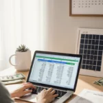 Person sits at desk with laptop spreadsheet and retirement certificate beside a solar panel