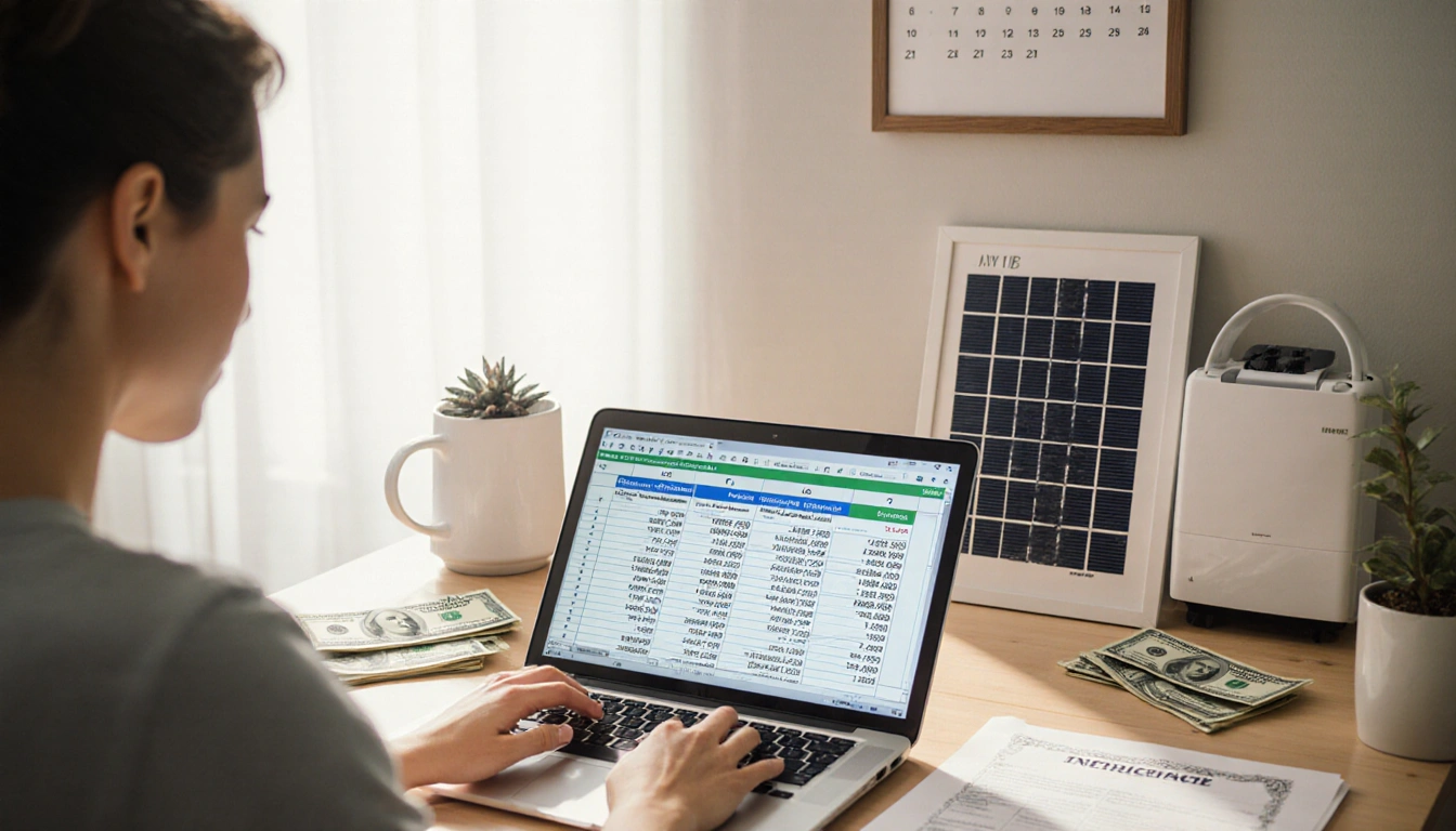 Person sits at desk with laptop spreadsheet and retirement certificate beside a solar panel