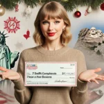 Taylor Swift holding a seven‑digit check with a warm sweater and festive holiday decorations near iconic American landmarks