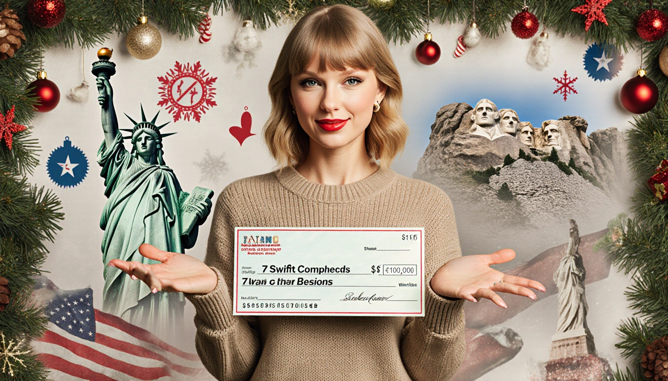 Taylor Swift holding a seven‑digit check with a warm sweater and festive holiday decorations near iconic American landmarks