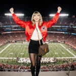 Taylor Swift cheering with red bomber jacket and black boots arms raised on Arrowhead Stadium field during Chiefs game