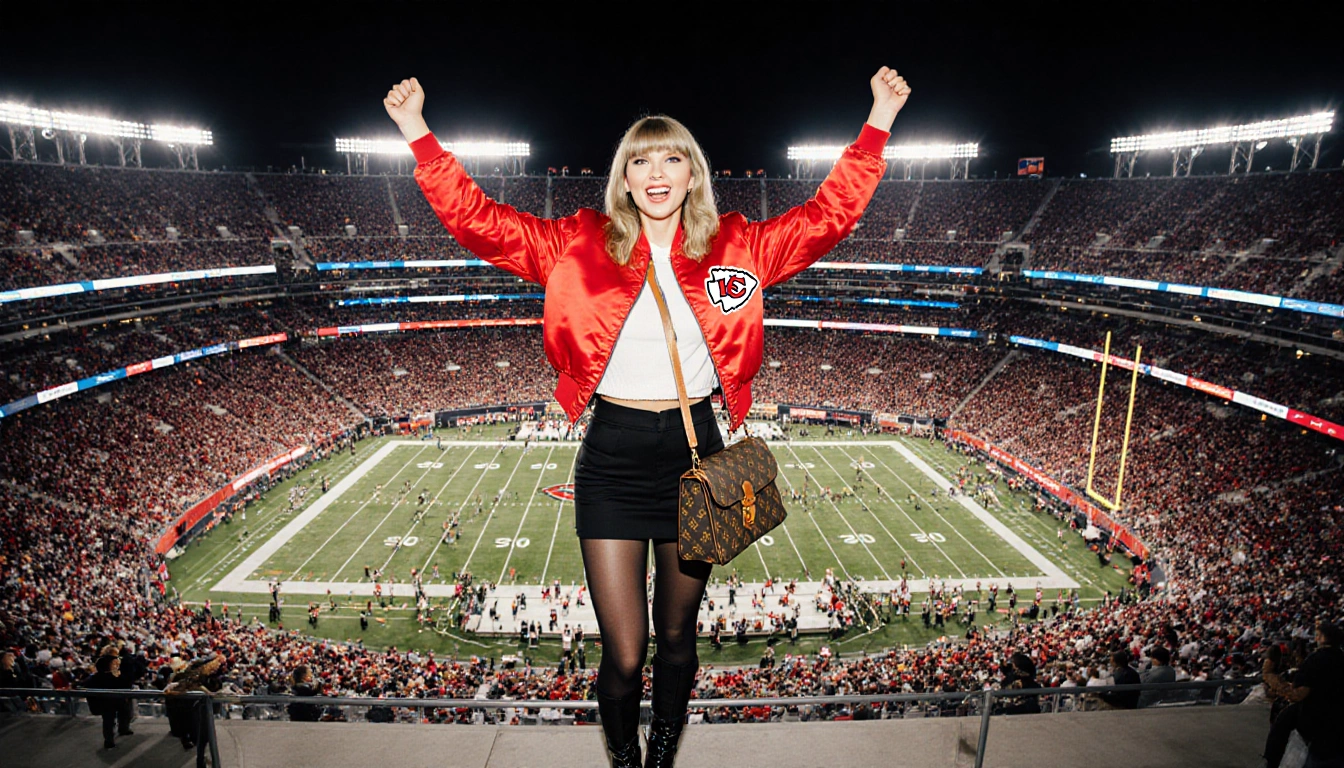 Taylor Swift cheering with red bomber jacket and black boots arms raised on Arrowhead Stadium field during Chiefs game