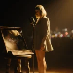 Taylor Swift standing on dim stage with warm light spilling onto her reflection in vintage microphone and album cover