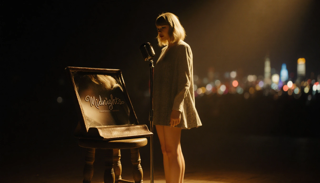 Taylor Swift standing on dim stage with warm light spilling onto her reflection in vintage microphone and album cover