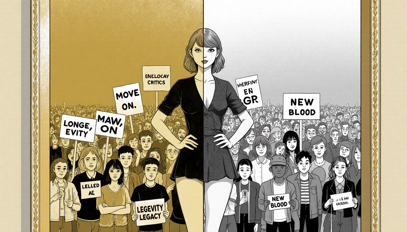 Taylor Swift stands before a dual-faced mirror with fans holding Longevity signs and critics waving Move On banners.