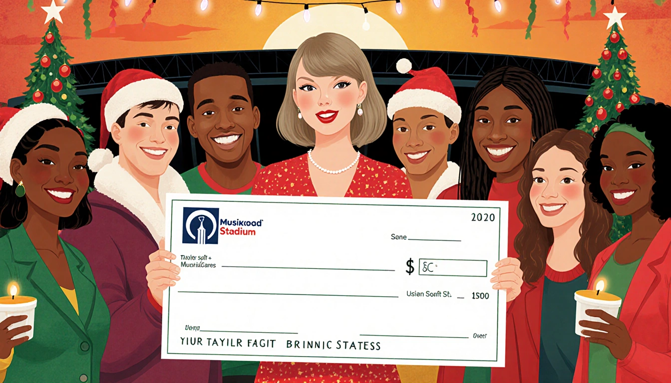Taylor Swift presenting a large MusiCares check to smiling people with festive lights near a sunset-blurred Arrowhead Stadium